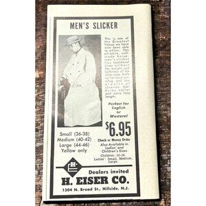H Eiser Mens Fashion Vintage Print Ad 1960s Raincoat Slicker Western Ranch